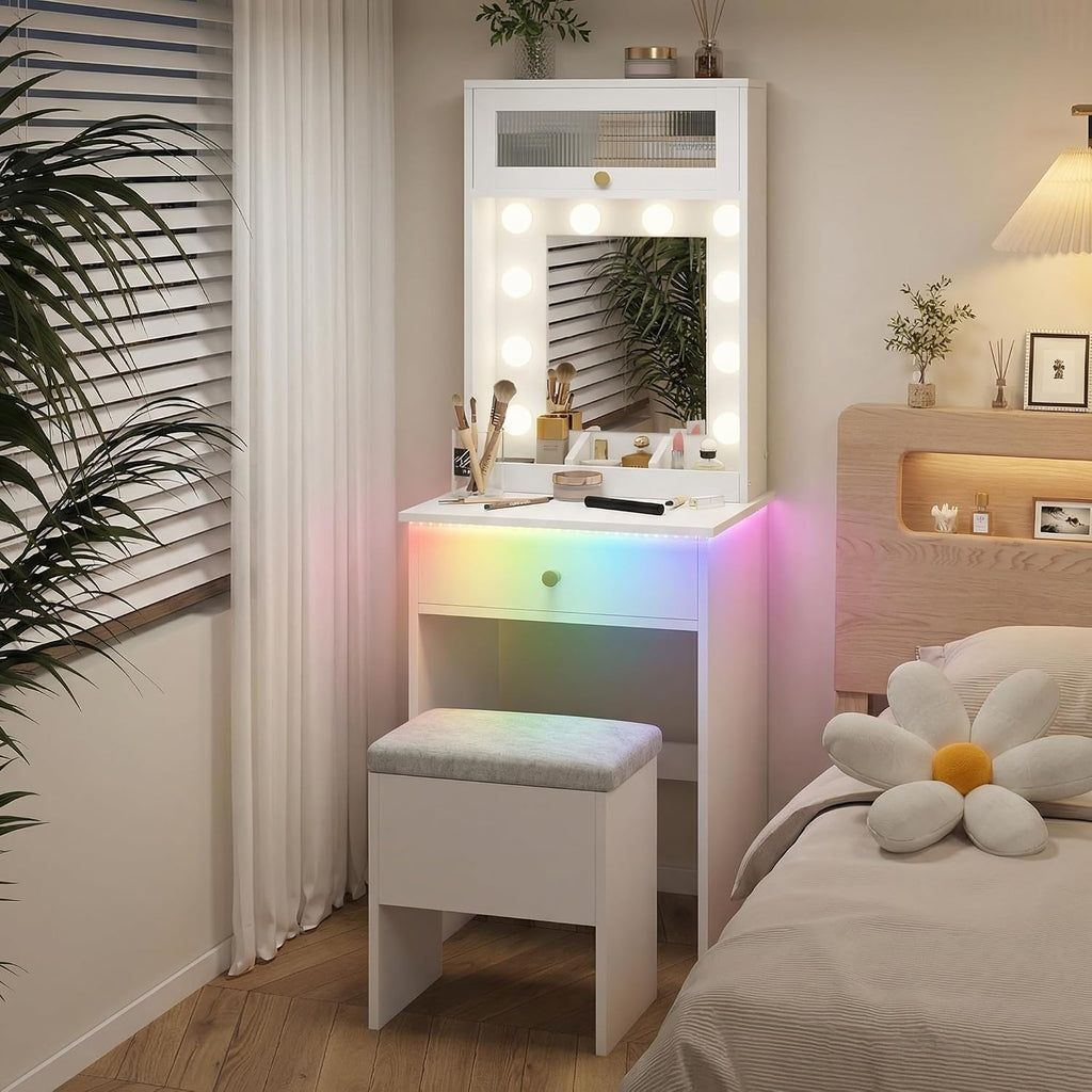 Small Vanity with Mirror & RGB Light White Makeup Set | Table Storage Rack, Mini Vanity with Storage Chair, Space
