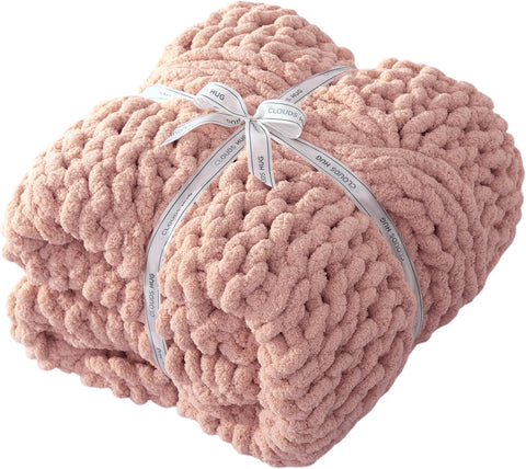 Chunky Knit Blanket Throw - 100% Hand Knitted Chunky Soft Throw Blanket, Thick and Warm Blanket for Winter, Pink