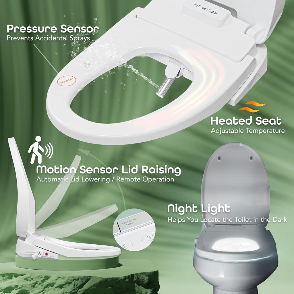 Elongated Electric Smart Bidet Toilet Seat with Auto Open and Close Lid, Unlimited Heated Water, Warm Air Dryer, Remote Control, Self-Cleaning Nozzle