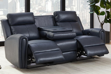 Blue Genuine Leather Power Recliner Sofa Couch with USB Port.