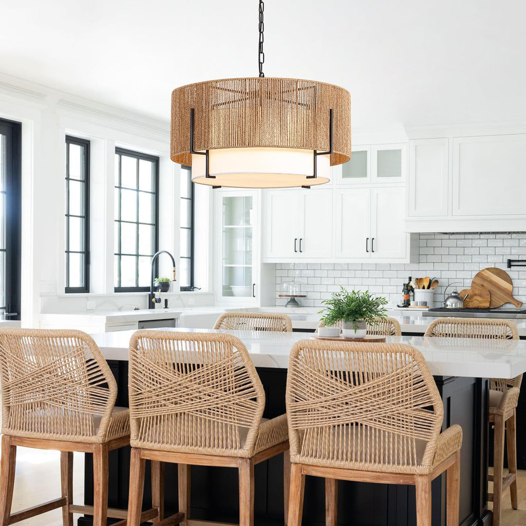 25.6" Large Rattan Chandelier, 6-Light Boho Pendant Light