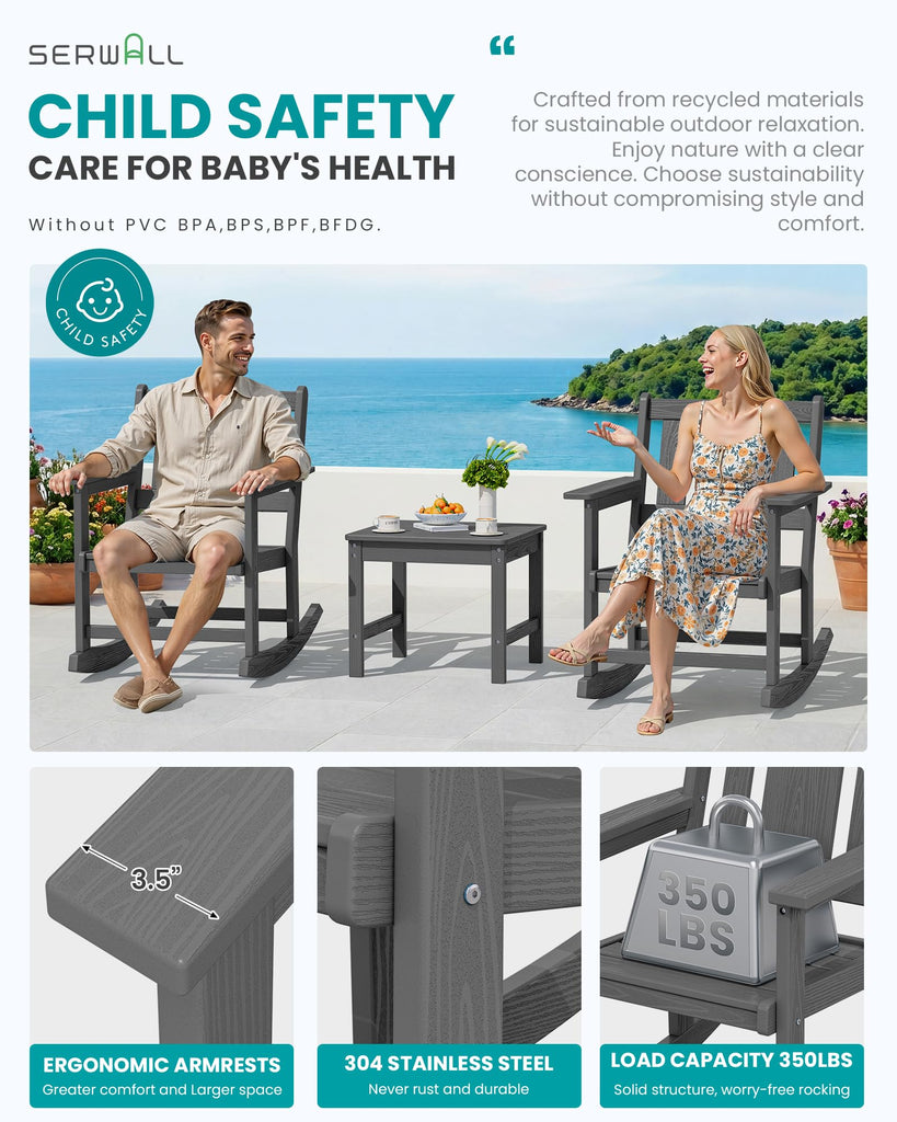 3-Piece Patio Furniture Set with 2 Rocking Chairs & Table, Grey