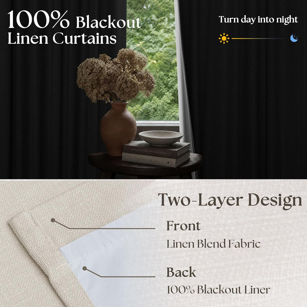 90 Inch Pinch Pleated Blackout Linen Curtains for Bedroom 2 Panels Memory Trained 100% Black Out Soundproof Room