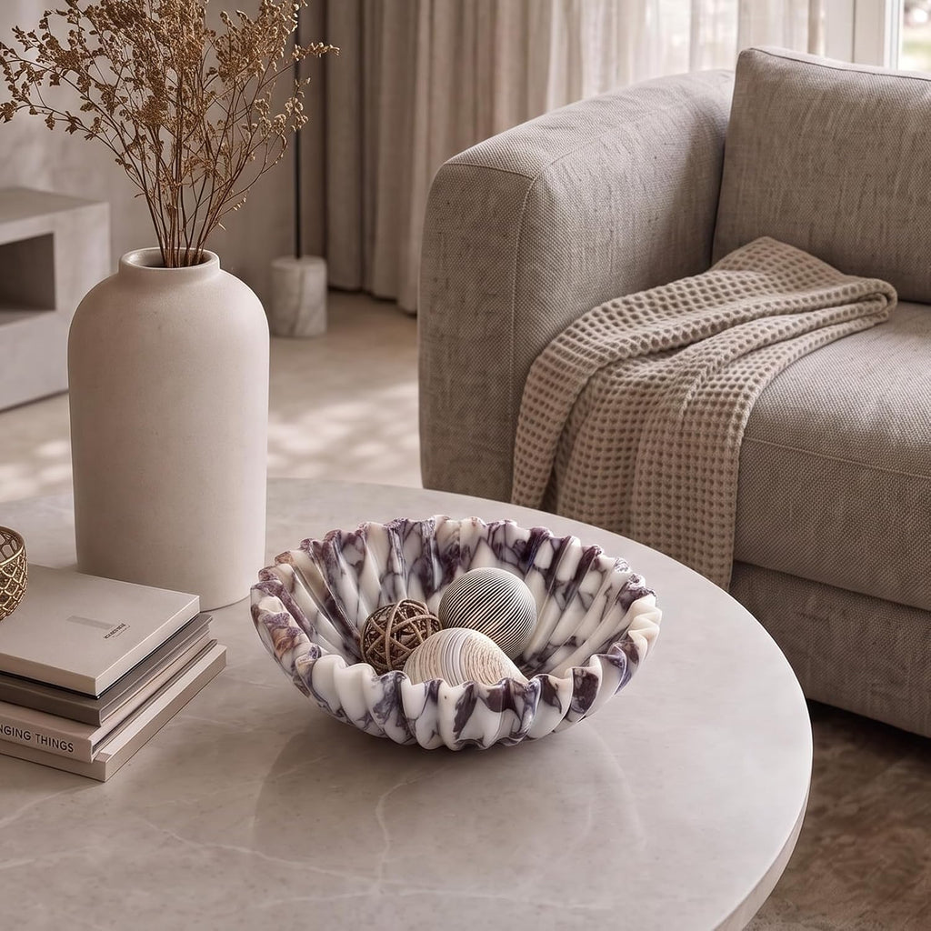 Calacatta Viola Marble Decorative Bowl 10" Handcrafted Scalloped Fruit Bowl | Luxury Natural Marble Fruit Bowl Decor