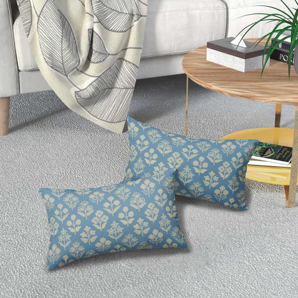 Light Blue Pillow Covers 12x20 Inch Set of 2, Cream Floral Block Print Pattern Lumbar Decorative Throw Pillowcases