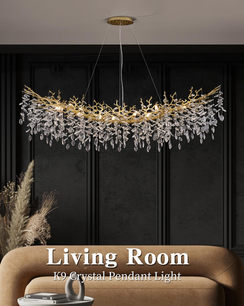 Modern Crystal Chandelier, 16-Light 55.12" Gold Tree Branch Chandeliers, Luxury K9 Crystal Rectangular Chandeliers