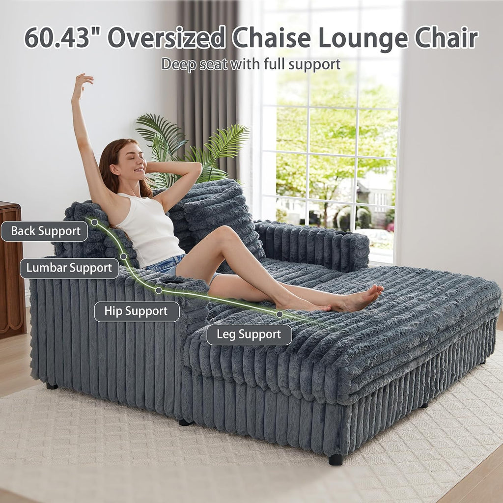 60.43'' Oversized Chaise Lounge Chair Indoor, Grey | Plush Faux Rabbit Fur, Sleeper Sofa Bed with 4 Pillows, Charging
