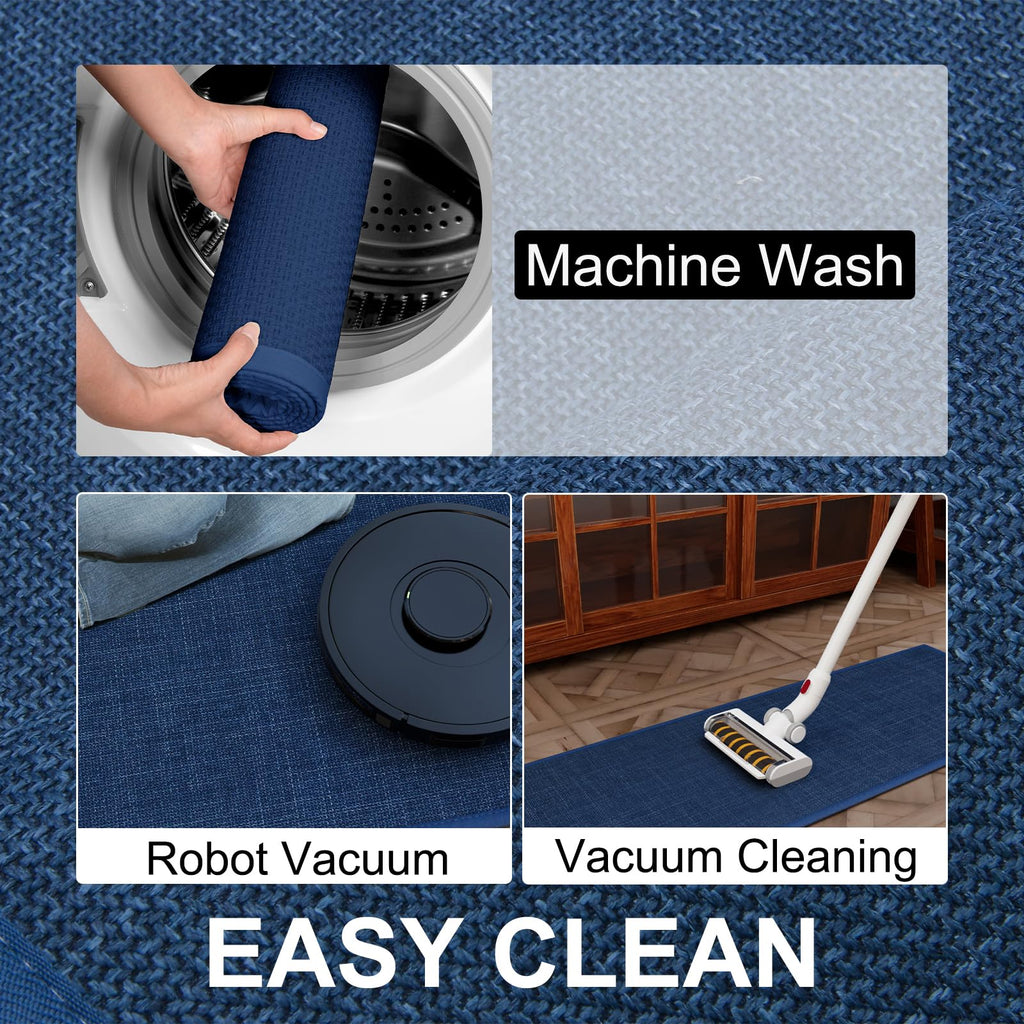 Kitchen Mats Set of 2 PCS for Floor, Washable Non Slip Rugs, Dark Blue
