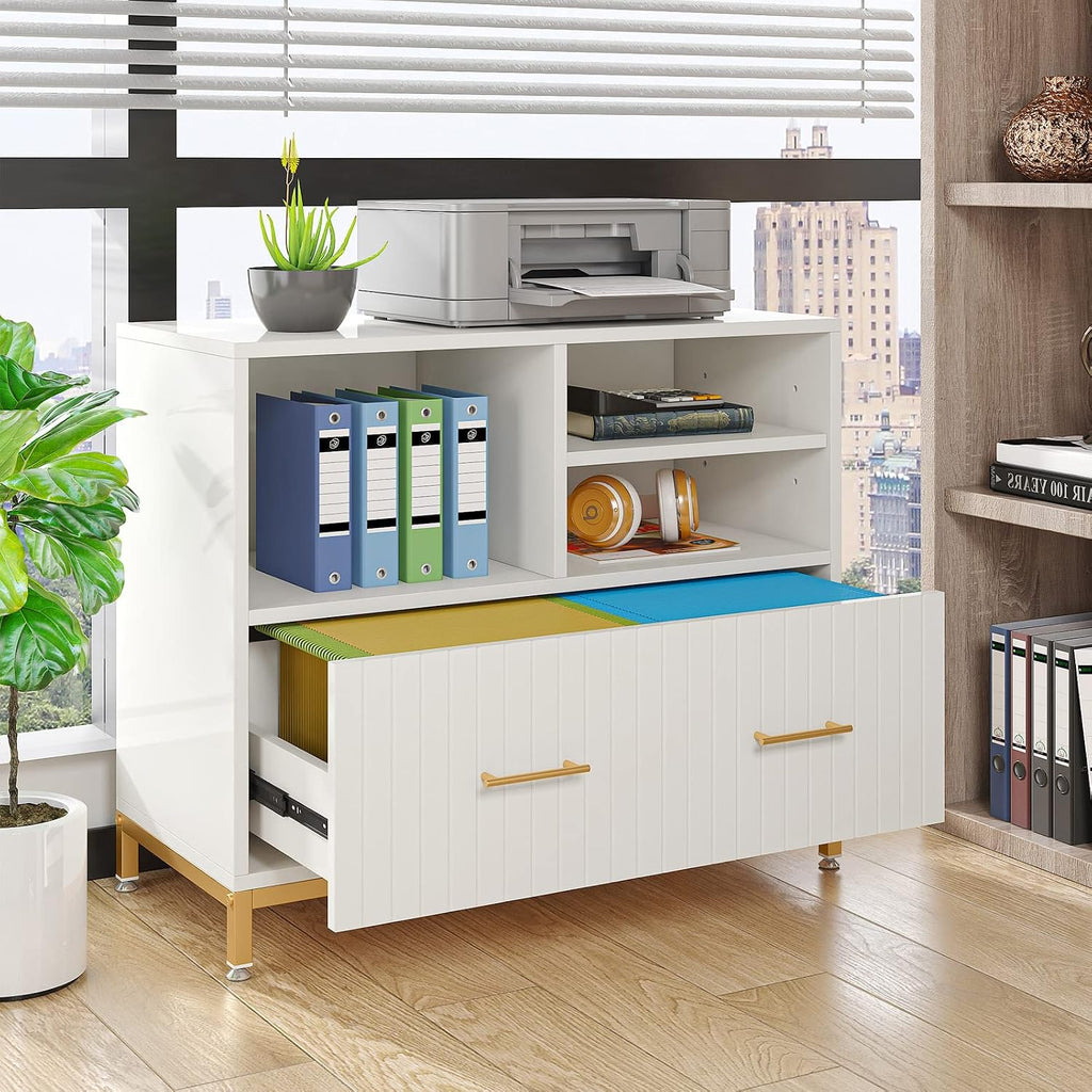 Lateral File Cabinet with Drawer, White Filing Cabinet for Letter/Legal/A4 Size Files, 35.4" Modern Wood File Storage