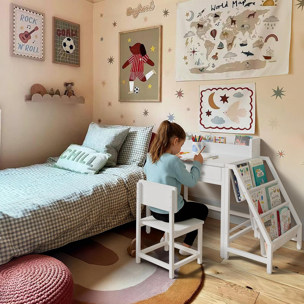 White Kids Desk and Chair Set for 5-8 Year Old Girls Boys, Small Child Desk with Bookshelf, Children Study Table