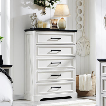 Farmhouse 5 Drawers Dresser Chests , Antique White | 46" Tall, Wood Rustic Chest of Drawers, Wide Metal Handle