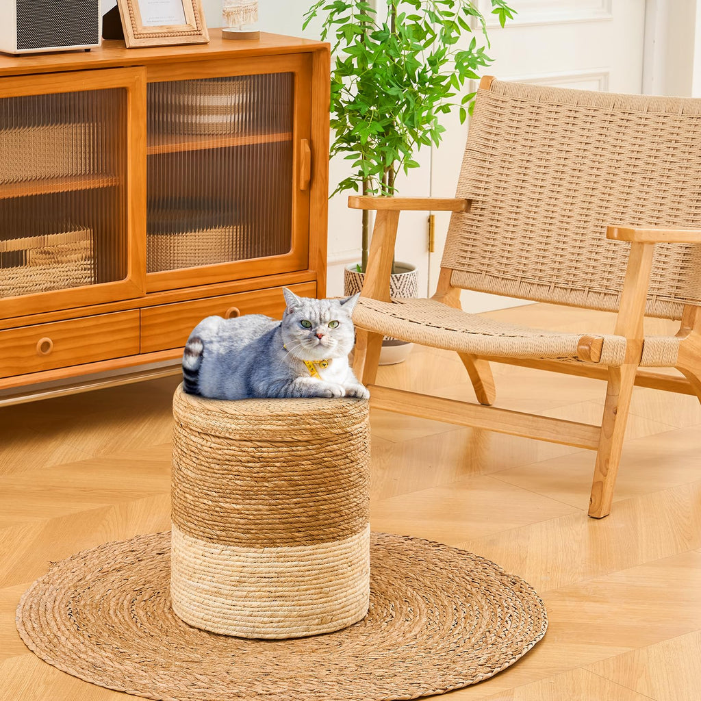 14" Natural Grass Round Storage Pouf Ottoman Handwoven Pouffe Rattan Stool