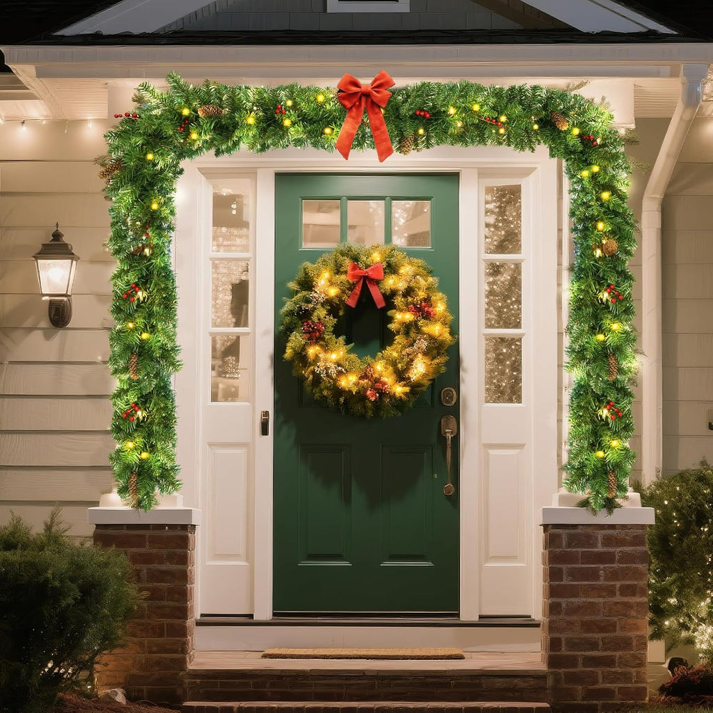 9FT Prelit Christmas Garland - Holiday Garland with 50 Multicolor LED Lights, 8 Pine Cones & 8 Red Berries, Battery