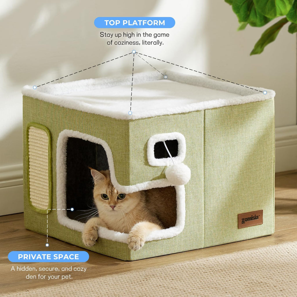 Cat Beds for Indoor Cats - Large Cat House for Pet with Fluffy Ball Hanging and Scratch Pad, Foldable Cat