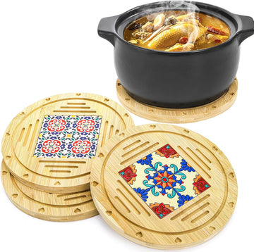 Wooden Round Trivets for Hot Dishes, 8.6 Inch Heat Resistant Pots and Pans Tea Pot Holders, Non-Slip Coasters - Set of 3