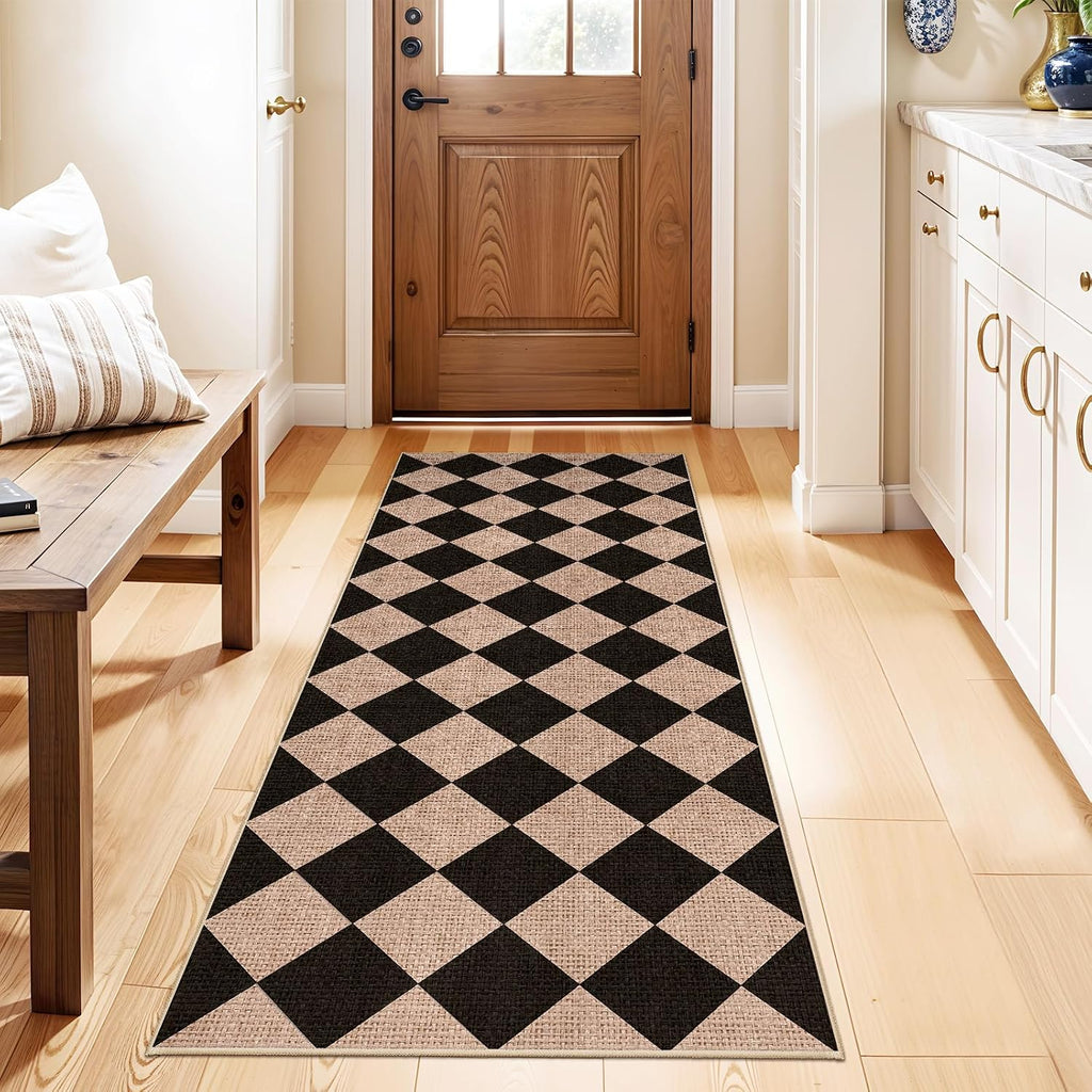Easy Jute Runner Rug: Non Slip Checkered Machine Washable Entryway Mats