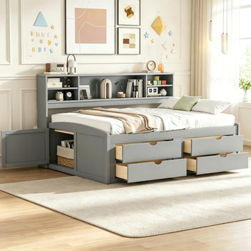 Full Captains Bed with Drawers & Shelves, Wood Storage Daybed, Grey