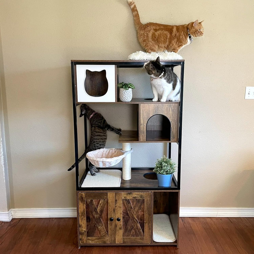Cat Litter Box Furniture Enclosure 4 Levels Cat Tree Hidden Cabinet with Storage and Scratch, 4 Tiers