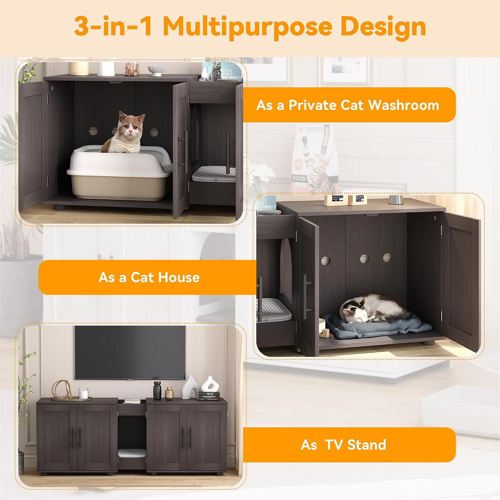 Cat Litter Box Enclosure for 2 Cats, 55" Hiddden Litter Box Enclosure Furniture 3-in-1 Wooden Litter Cabinet