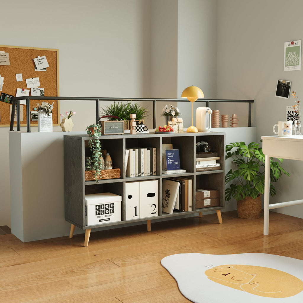 8-Cube Bookshelf 2 Tier Retro Bookcase with Legs, 11in Shelf Opening, 47" Wood Bookshelves Storage Organizer Shelf