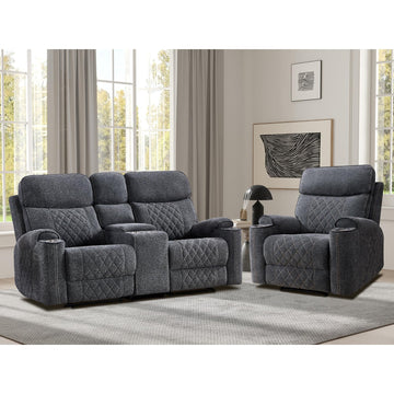 Power Reclining Sofa Set, Fabric Electric Recliner Chair and Loveseat Sofa with Cup Holders, USB and Type-C Charging