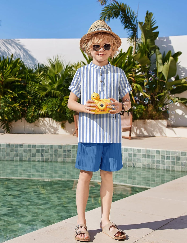 Boys 2 Pieces Set Textured Henley Shirts & Shorts Set