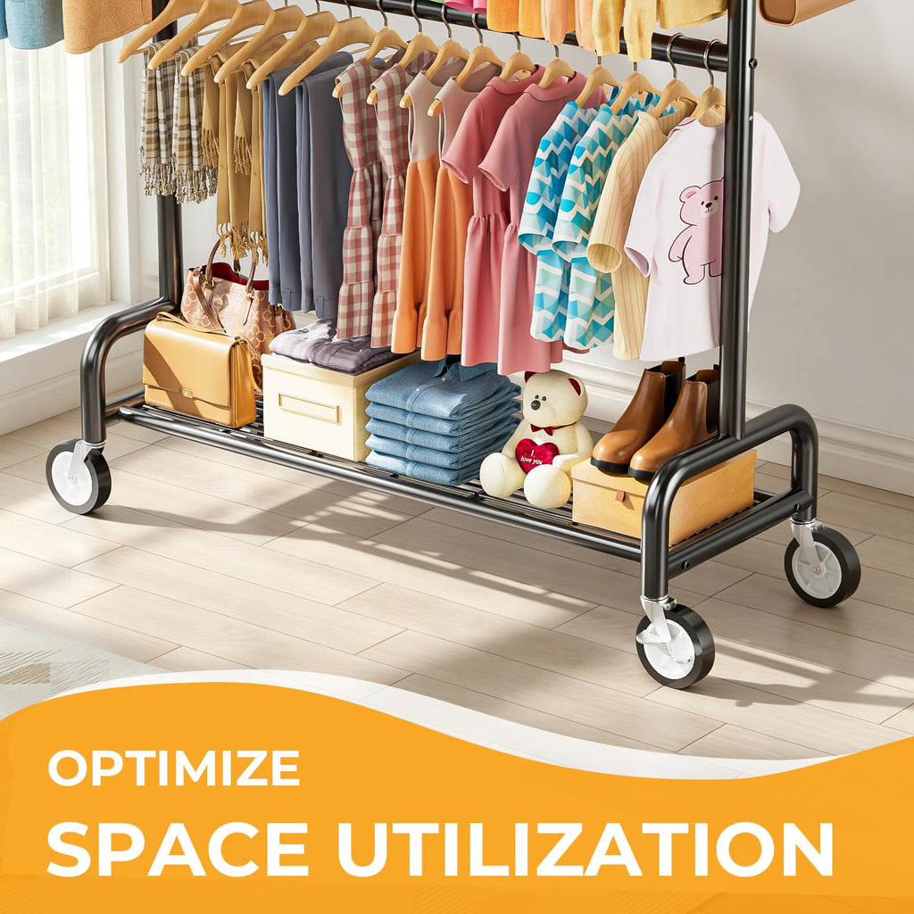 Heavy Duty Clothes Rack Load 860LBS, Double Rods Rolling Clothing Racks for Hanging Clothes, Rolling Garment Rack