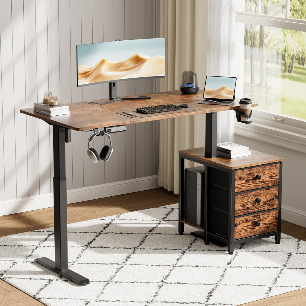 55 Inch Rustice Brown Height Adjustable Standing Desk with Drawers