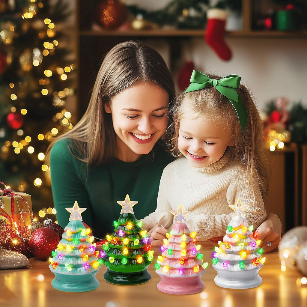 5 Inch Mini Ceramic Christmas Tree Set - 4 Pack Pre-lit Tabletop Christmas Tree with Multicolored LED Light, Battery