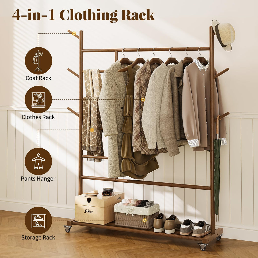 Solid Wood Clothing Rack, 4-in-1 Wooden Clothes Rack with Wheels