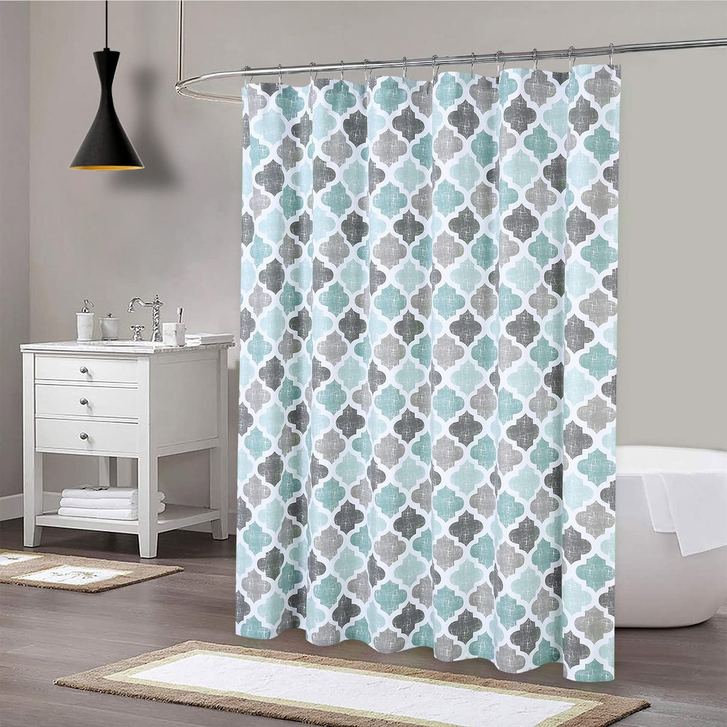 Fabric 84 Inch Long, Geometric Quatrefoil Pattern Poly-Cotton Farmhouse Extra Long, Aqua/Mint/Grey, 72x84 Inches