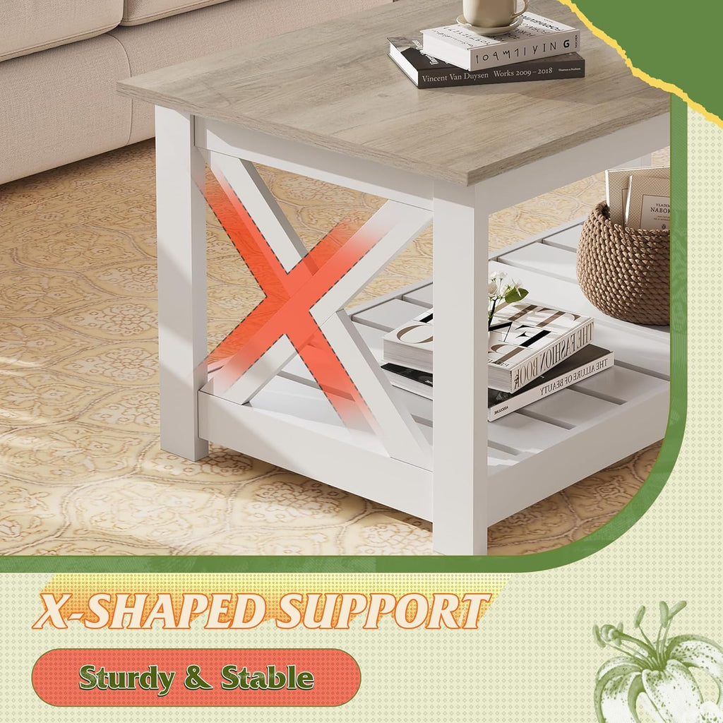Farmhouse Coffee Table, 40.1" Rustic Center Table with X-Frame Support & Storage Shelf