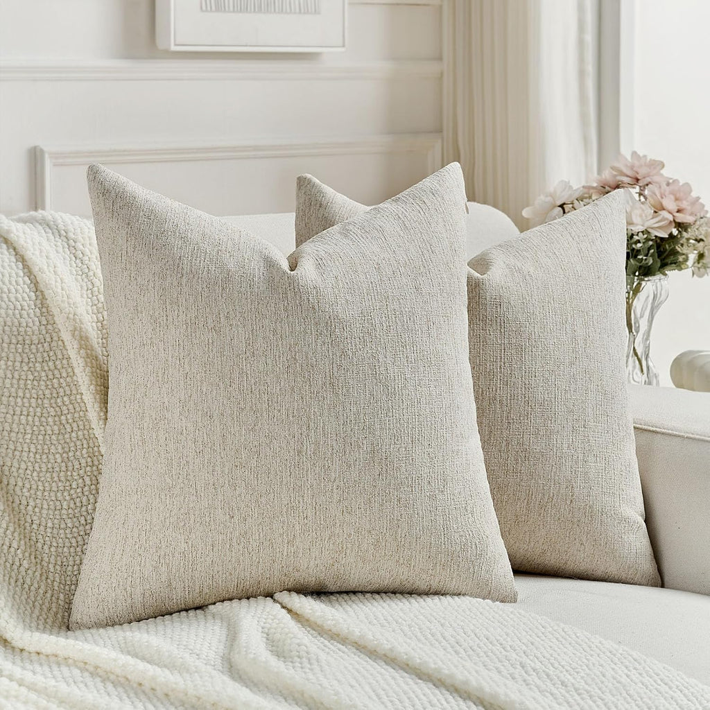 Pack of 2 Chenille Decorative Throw Pillow Covers 18x18 Inch,Soft Cozy Faux Linen Textured Cushion Case,Farmhouse