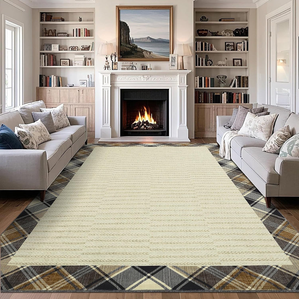 Extra-Large Machine Washable Area Rugs 10x13 Modern Plaid Bordered Living Room Rug with Anti-Skid Rubber Backing