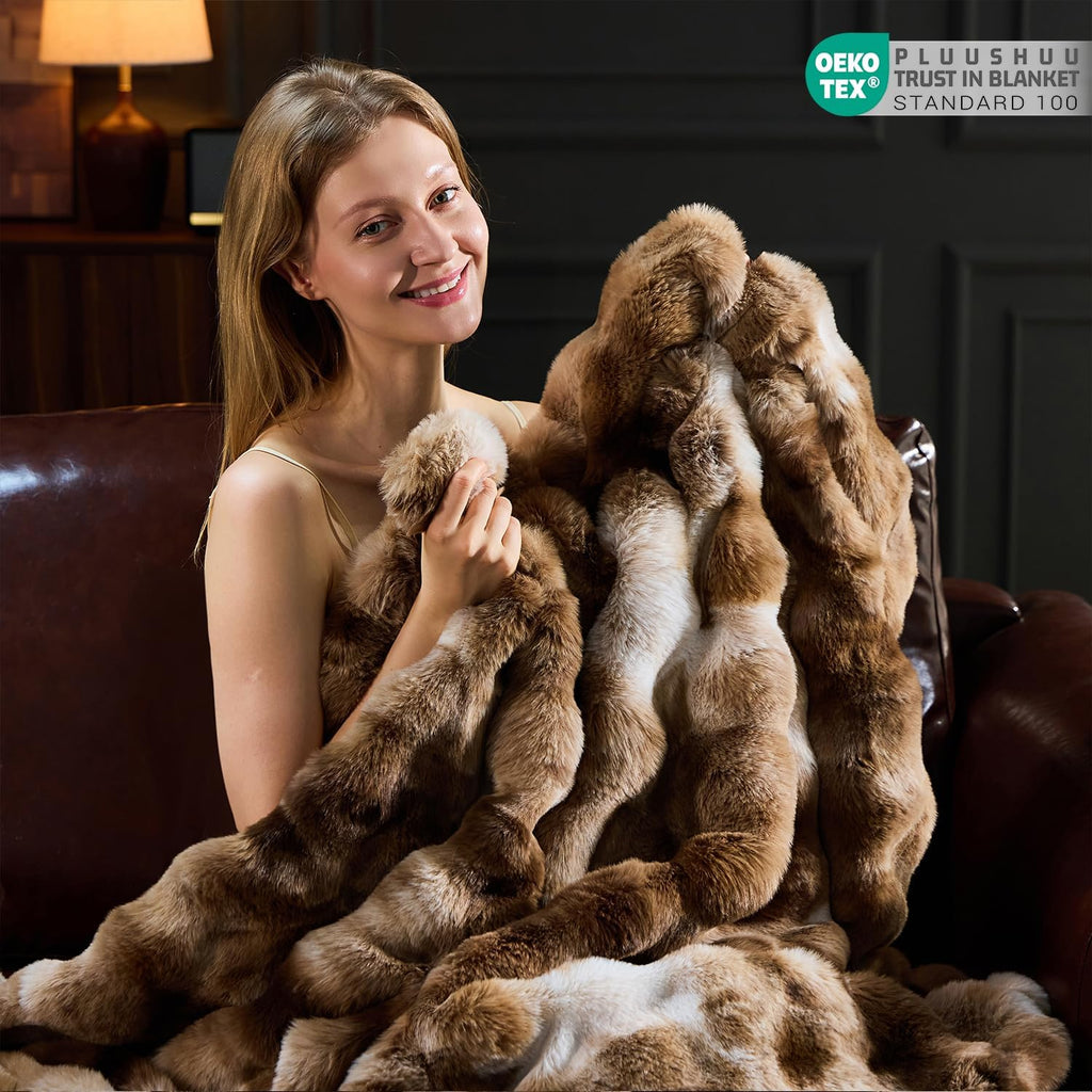 Faux Fur Throw Blanket for Couch, Fluffy Fuzzy Plush Bubble Blanket, Soft Warm Cozy Shaggy Rabbit Blanket, Luxury
