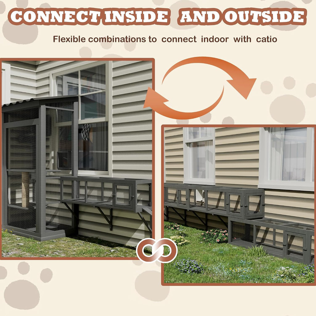 Outdoor Window Catio, 59" L Modular Wooden Cat Tunnel