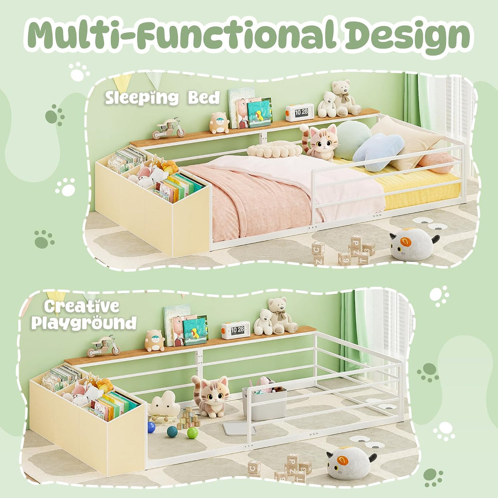 Twin Montessori Floor Bed Frame with Storage | Storage Organizer and Side Shelf, High Guardrail and Wide Entrance, No