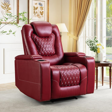 Power Recliner Chair with USB Ports and Cup Holders - Overstuffed Electric Home Theater Seating PU Leather Reclining Furniture with Hidden Arm Storage, Easy to Clean (Red)