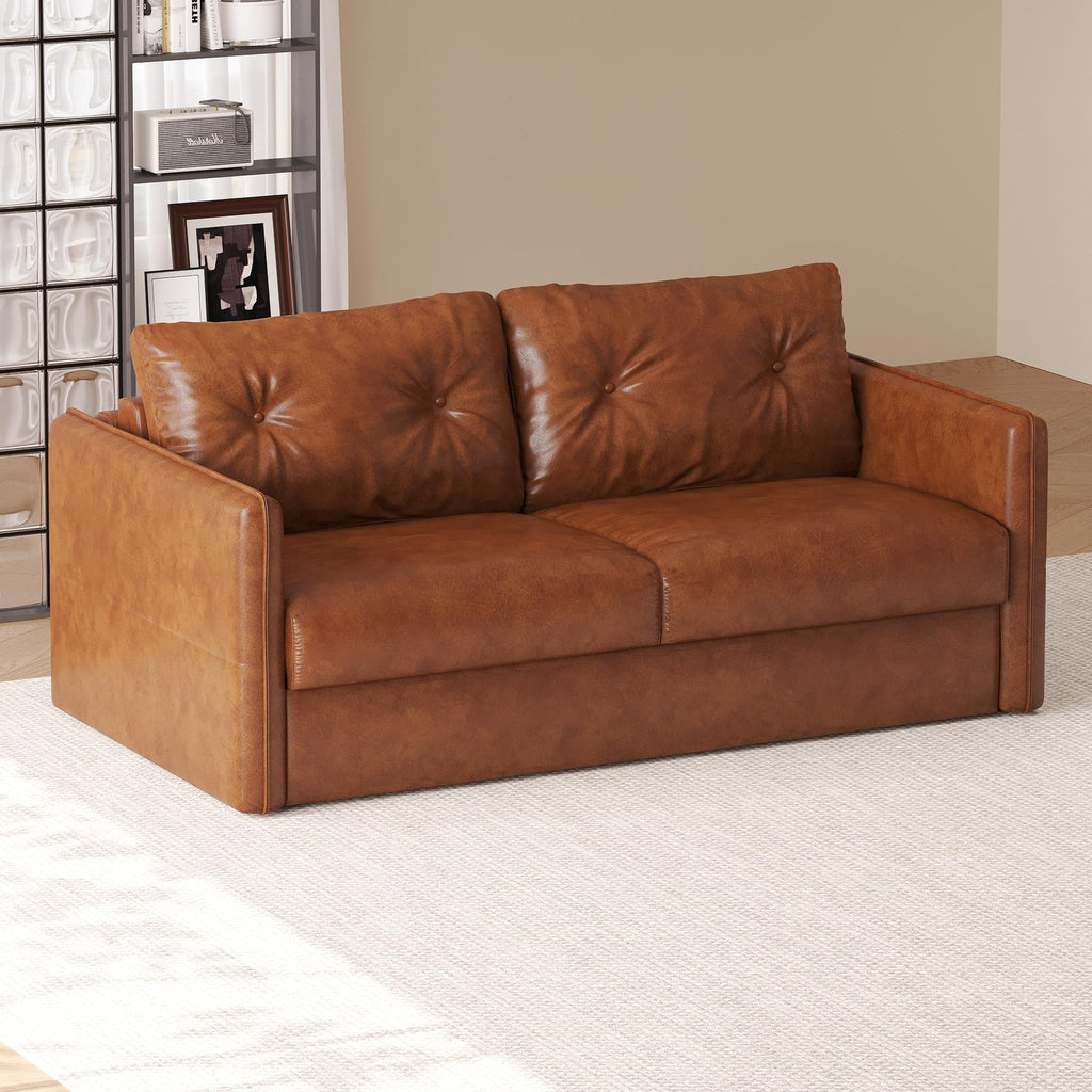 63" Apartment Size Convertible Leather Sleeper Sofa Bed, Brown