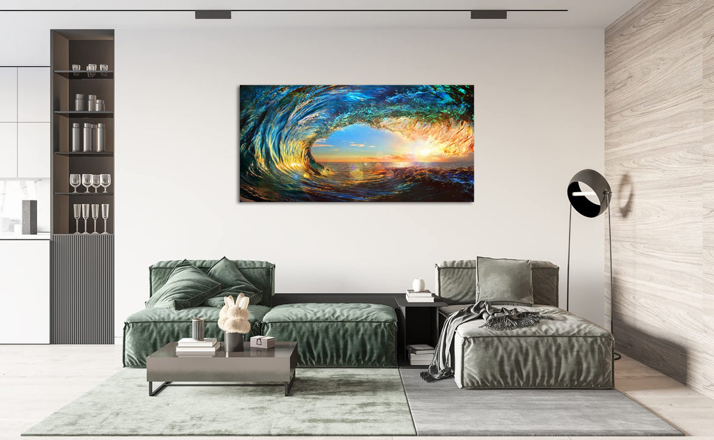 Giant Wave Water Wall Art Canvas Prints 1 Panels Ocean Waves Pictures Paintings Sunset Blue Seascape Framed