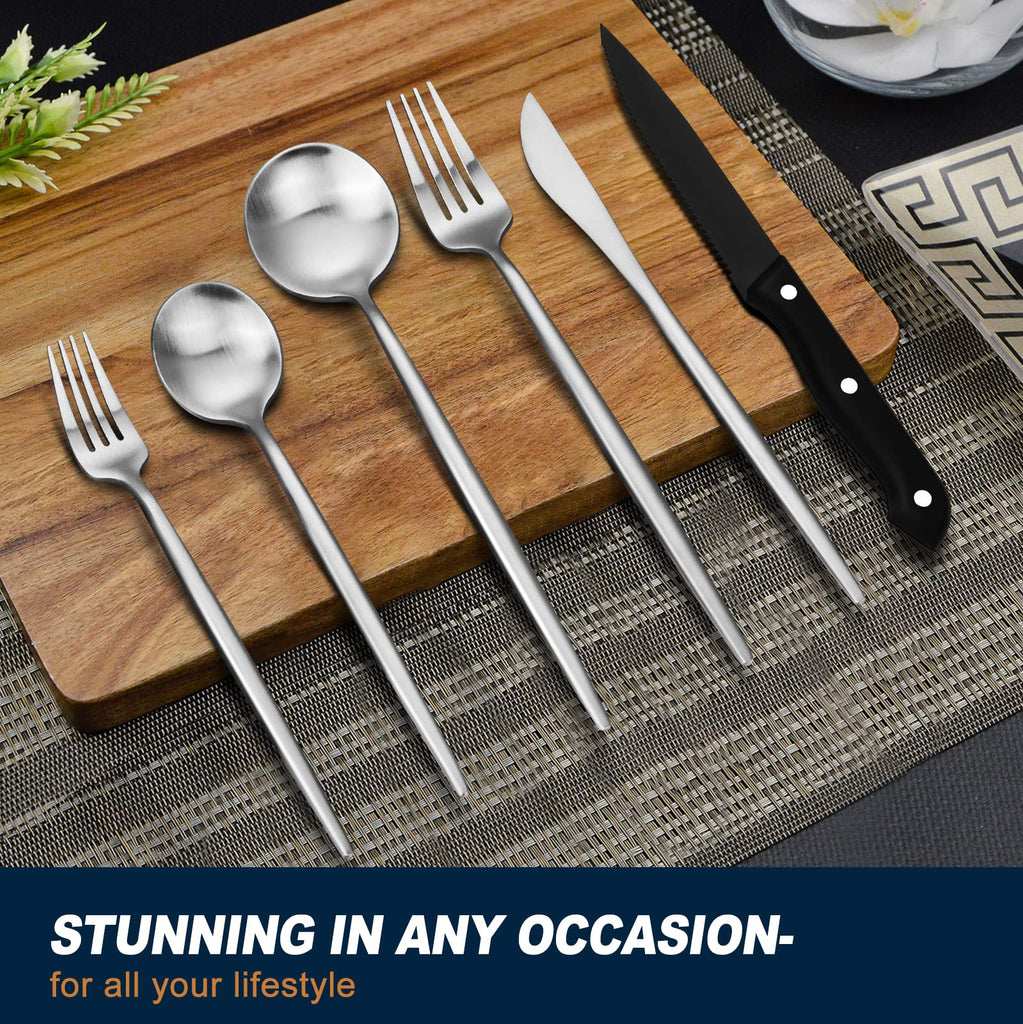 48-Piece Matte Silverware Set with Steak Knives, Flatware Set for 8, Stainless Steel Forks and Spoons Silverware