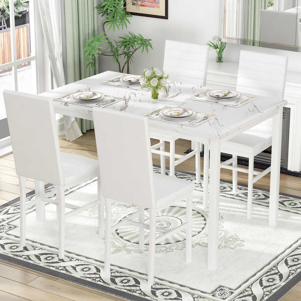 Dining Table Set for 4, 5-Piece Faux Marble Dinner Table Set with 4 Upholstered PU Leather Chairs Kitchen Table