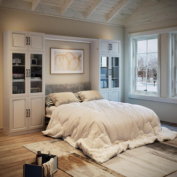 Farmhouse Murphy Bed Queen, 85" Wall Bed Folds to Save Space, Concealed Bed Frame with 2 Glass Storage Cabinets and