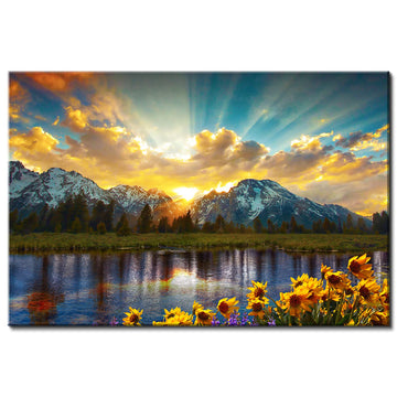 Sunset Grand Teton Mountain Wall Art Office National Park Forest Picture Canvas Painting 24x36", Sunflower Landscape