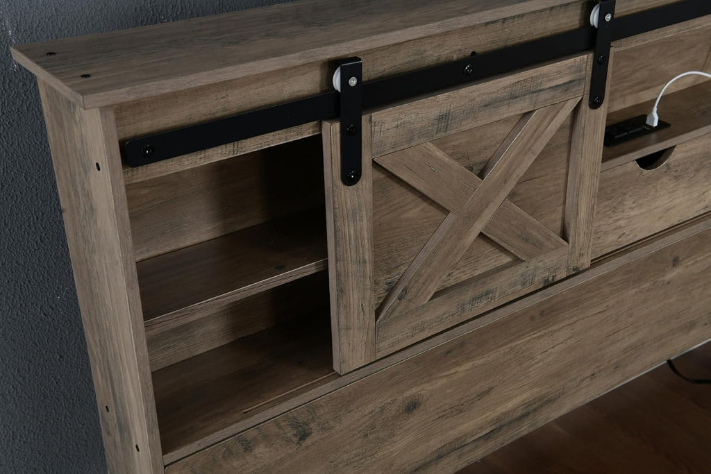 Farmhouse King Bed Frame with Sliding Barn Door Storage Headboard, LED Light and Charging Station, Wood Platform Bed