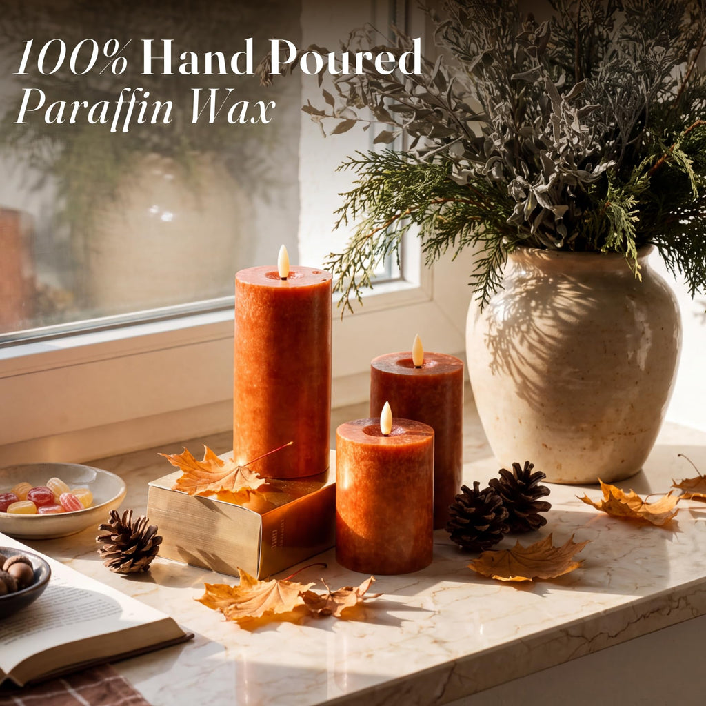 Mottled Orange Fall Flameless Candles with Remote and Timer, Real Wax Made LED Pillar Candles Battery Operated with