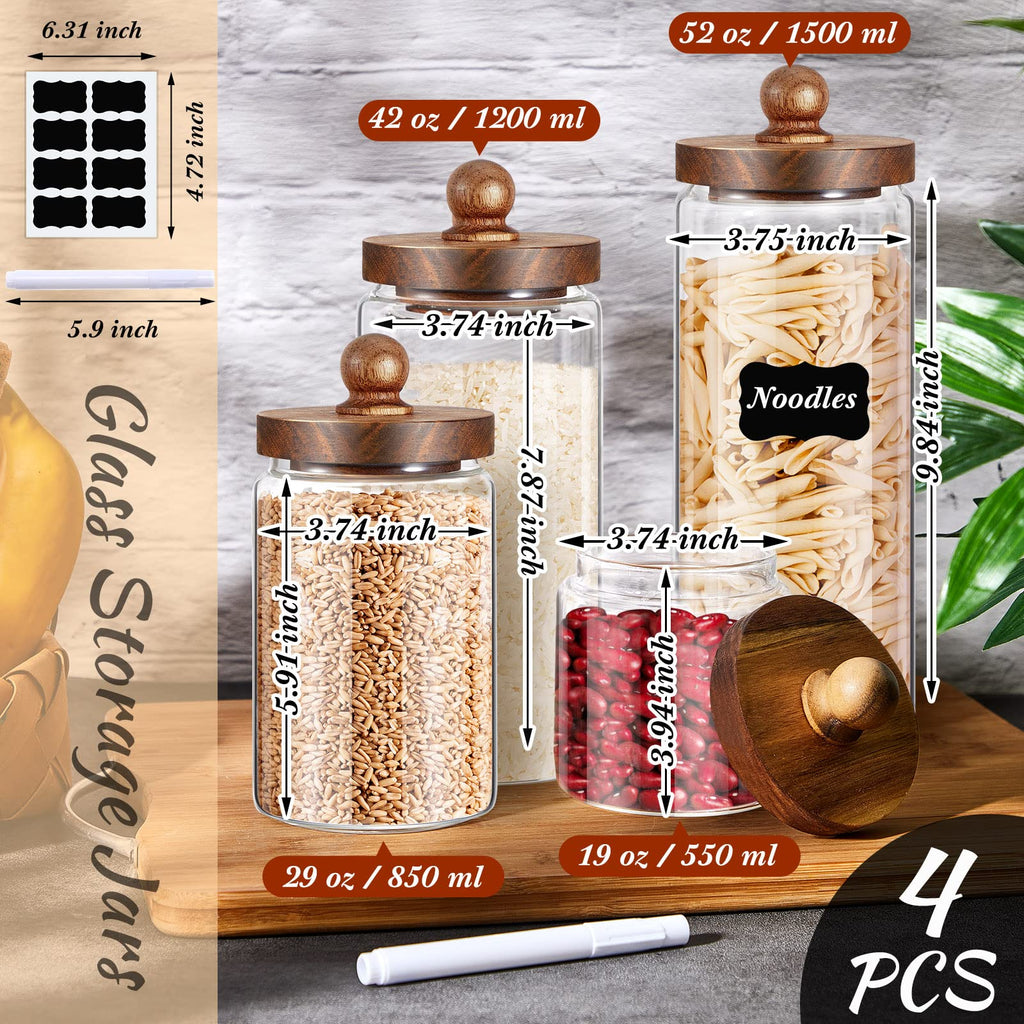 Glass Storage Jars Set of 4, Clear Containers with Wooden Lids