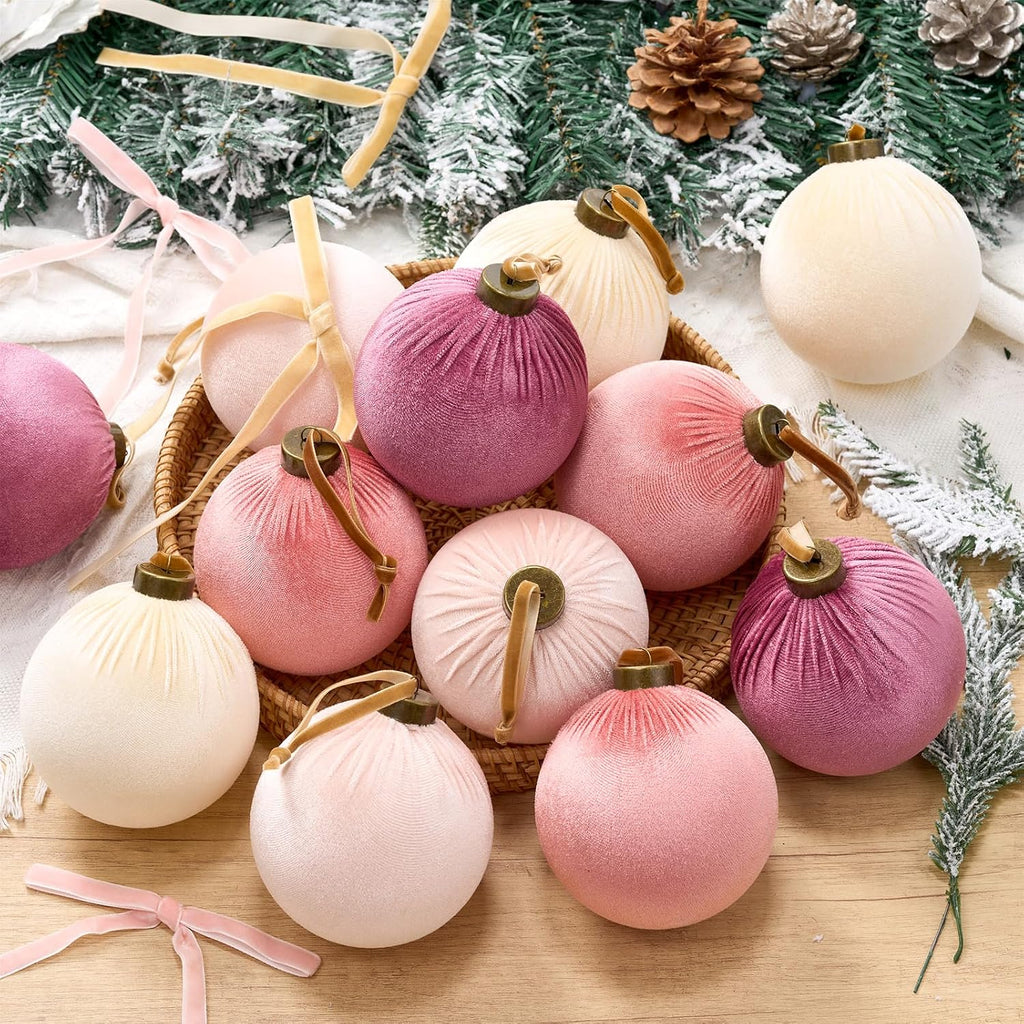 36 Pcs 4 Inch Velvet Christmas Ornaments Set with Bow, Pink