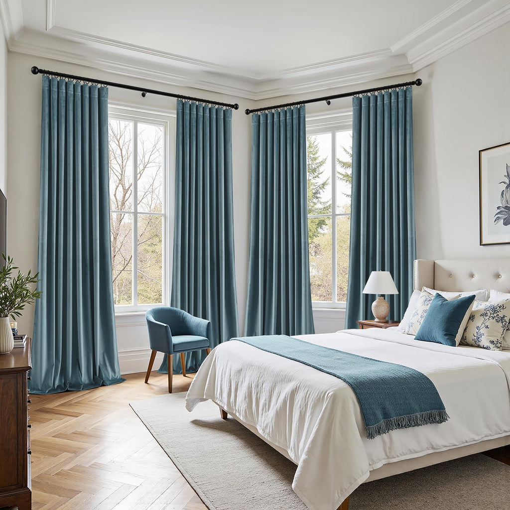 Grayish Blue Velvet Curtains 96 Inches Long Blackout Thermal Insulated Soundproof Curtain Privacy Room Darkening