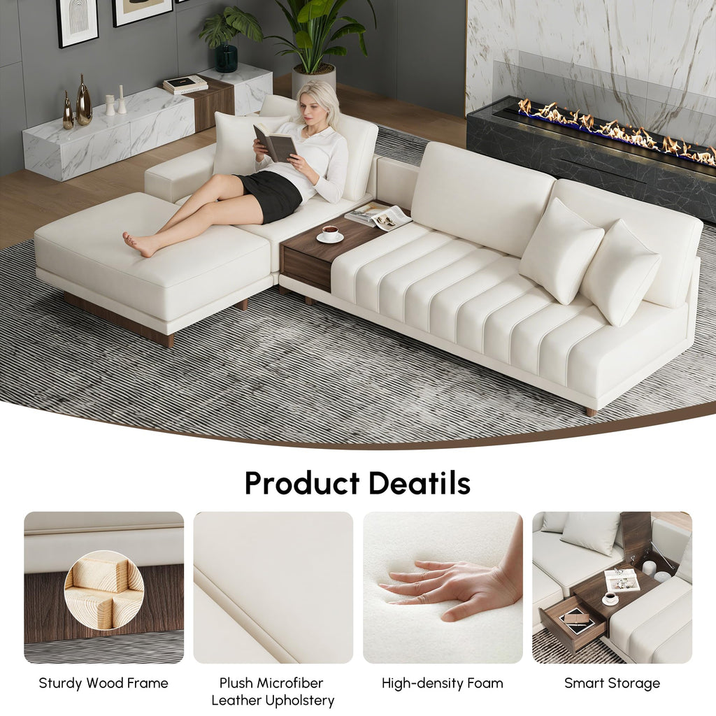 Leather Sectional Sofa - 126" Oversized L-Shaped Modular Couch with Storage Table & Ottoman, White Sofa for Modern